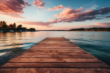 Fototapeta na wymiar Old wooden dock at the lake, sunset shot