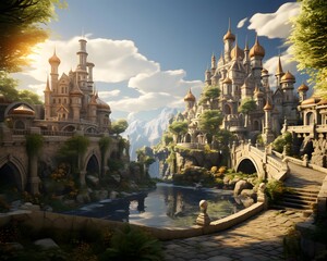 Fantasy fantasy landscape with ancient buildings and river. Panorama.