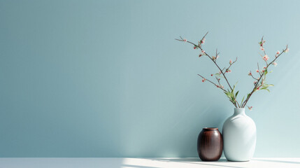 Ceramic vase with blooming branch on white table and blue wall background