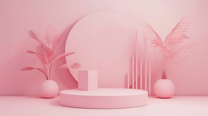 Display podium design for mock up and product presentation pink color scene