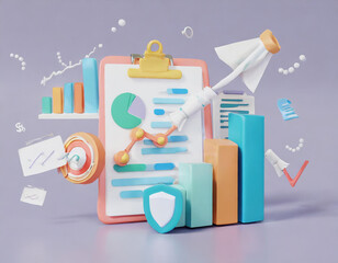 3d clipboard with business idea goals. Working data document graph chart report marketing research development planning management strategy analysis financial account. Statistical working. 3d render
