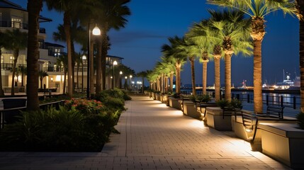 Fototapeta na wymiar Palm trees along the waterfront at night, Miami, Florida.