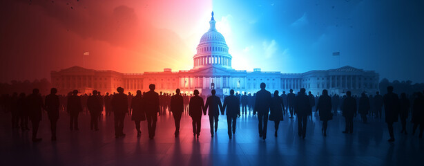 Bipartisan Divide: US Capitol in Dual Light. The US Capitol illuminated in contrasting red and blue hues with silhouetted figures representing political division.