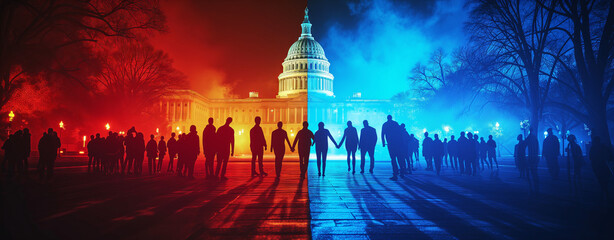 Bipartisan Divide: US Capitol in Dual Light. The US Capitol illuminated in contrasting red and blue hues with silhouetted figures representing political division. - obrazy, fototapety, plakaty