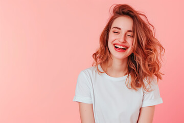Obraz premium Vivacious Young Woman Laughing. Exuberant young lady in white tee, joyfully laughing on a pink background.