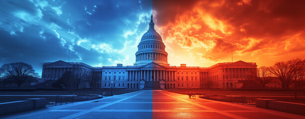 Election Divide: US Capitol at Sunset. A dynamic image of the US Capitol, bathed in blue and red hues, illustrating the electoral divide between Republicans and Democrats. - obrazy, fototapety, plakaty