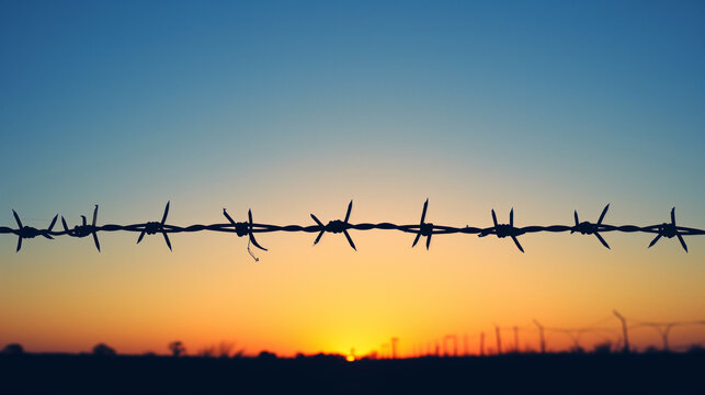 Dusk Silhouettes: Barbed Wire on Sunset. Silhouette of barbed wire against a warm sunset, representing a closed border at dusk.