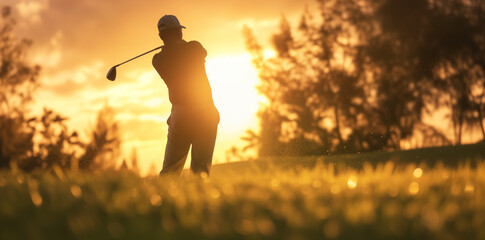 Silhouette of Golfer Swinging at Sunset. Silhouette of a golfer executing a perfect swing on the course, with a stunning sunset and trees in the background. - obrazy, fototapety, plakaty