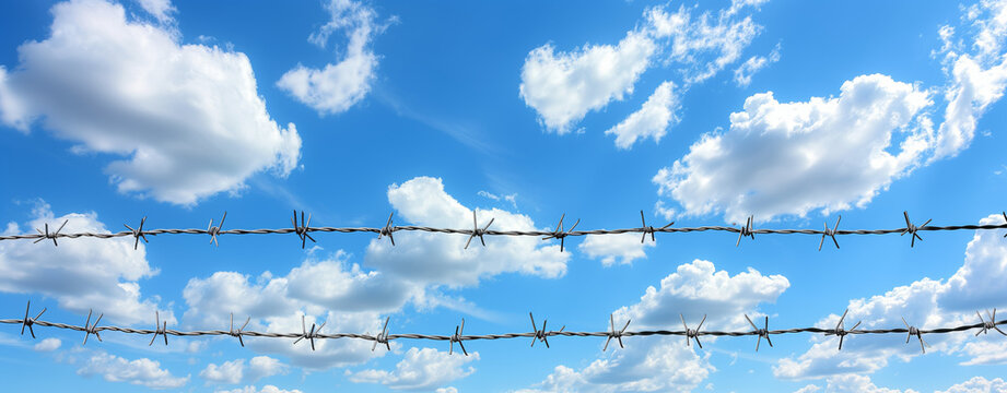 Closed Borders: Barbed Wire Against the Sky. A stark barbed wire fence runs across under a vivid sky, symbolizing closed borders.