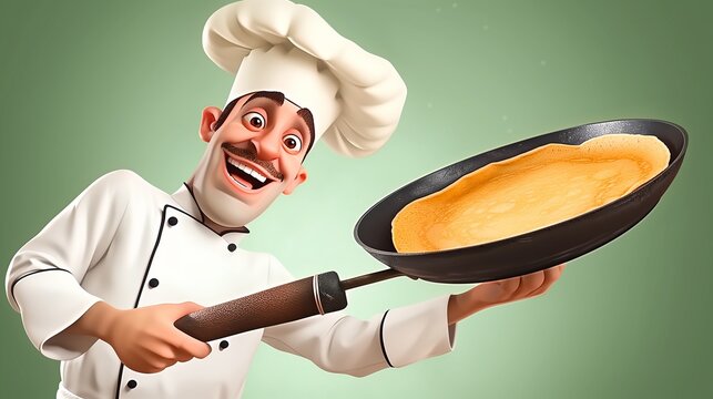Funny chef making pancakes, man smiling or laughing, holding in his hand a frying pan, baking a delicious golden French crepe for Mardi gras Shrove Tuesday  holiday celebration on green background