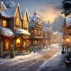 Zelfklevend Fotobehang Christmas village with snow and lights at night. Digital art painting. © Michelle