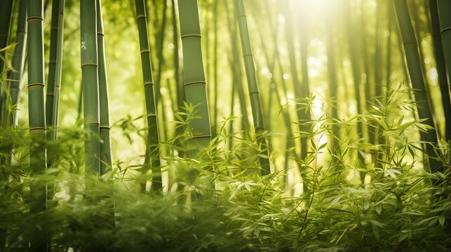 Bamboo forest in the morning light. Panoramic image.