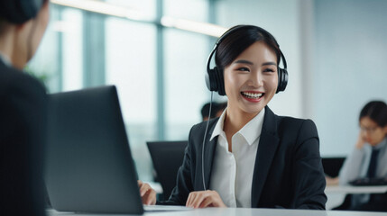 Smiling businesswoman in headset working with colleague in call center office