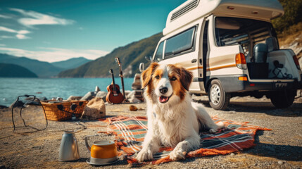 Dog on the beach in front of campervan. Traveling with motor home .
