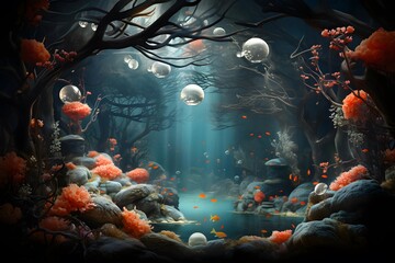 Obraz na płótnie Canvas Underwater world with fish, jellyfish and seaweed. 3d rendering