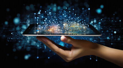 Close up of human hand holding tablet pc with high tech circuit on screen