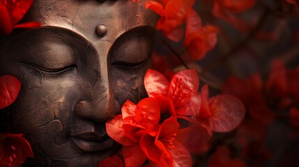A captivating Buddha statue emerges among a vibrant tapestry of red flowers, exuding an aura of profound peace and beauty.