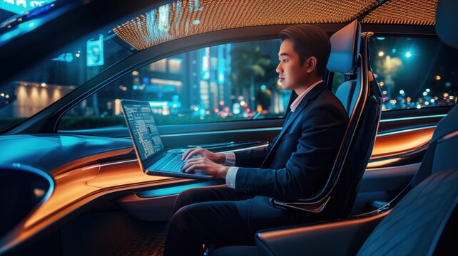 businessman working on a laptop inside an unmanned taxi with a futuristic interior design. the car is in motion and driving through a night city illuminated by bright city lights.