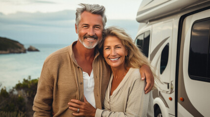 Portrait of happy senior couple standing by camper van at beach