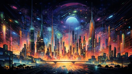 Futuristic city night scene. Futuristic city with neon lights. - obrazy, fototapety, plakaty