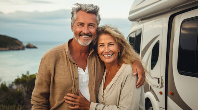 Portrait of happy senior couple standing by camper van at beach