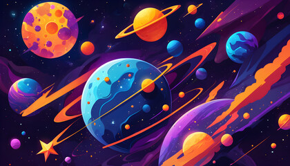 Vibrant Outer Space Illustration Featuring Colorful Planets and Stars in a Cosmic Setting