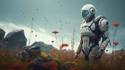 Futuristic white 3d robot standing among colorful flowers in a serene, lush green field