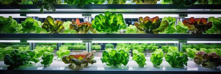 Farm vertical vegetable plants in water under artificial lighting, indoors, Sustainable...