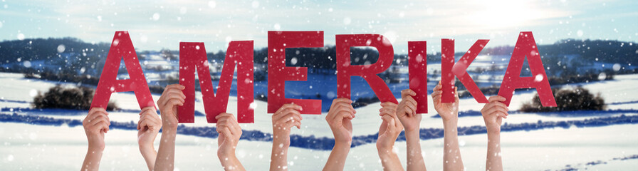 People Hands Building Word Amerika Means America, Winter Background