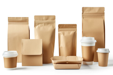 Eco containers for food and drinks on light background. Cardboard boxes near white wall. Cardboard packaging. Set of different brown carton cardboard boxes, lot