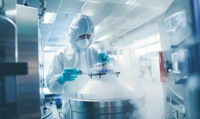 A healthcare worker works with liquid nitrogen cryo-storage in a modern laboratory.