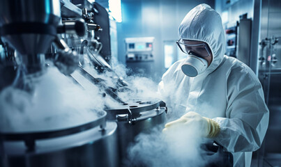 A laboratory worker in a protective uniform performs an embryo biopsy. Sample cryopreservation with liquid nitrogen in a modern laboratory. - obrazy, fototapety, plakaty