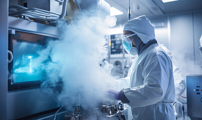 Medical worker at work in the laboratory. Cryopreservation of a sample for fertilization in a test tube in a liquid nitrogen cryostore in a modern laboratory.