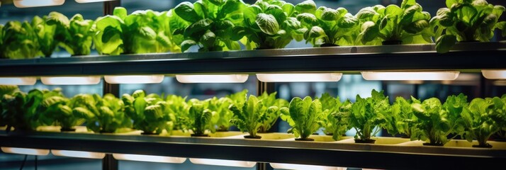 Farm vertical vegetable plants in water under artificial lighting, indoors, Sustainable agriculture, food concept.