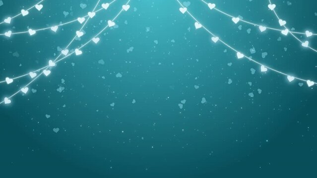 White lights on blue background. Glowing heart garlands with sparks. For congratulations, invitations and advertising design. Copy space. Loop.