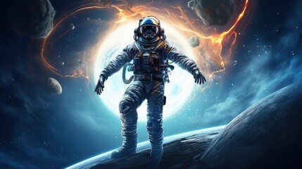 Fototapeta na wymiar An astronaut in a spacesuit hovers weightlessly with a dramatic vista of planets, stars, and nebulae in the background. Generative ai 
