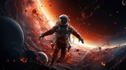 An astronaut in a spacesuit hovers weightlessly with a dramatic vista of planets, stars, and nebulae in the background. Generative ai
