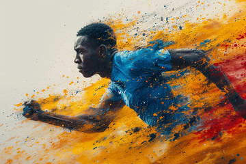 illustration: sprinter. Running man. Spray watercolor paint on a white background. - obrazy, fototapety, plakaty