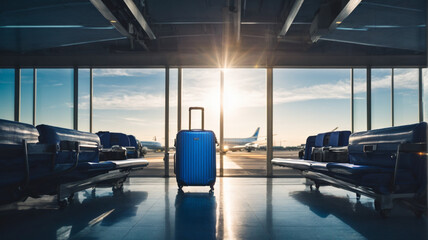Travel luggage blue suitcase in terminal empty departures, travel concept, holidays concept
space for text