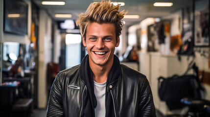 Fototapeta premium Male hairstylist sitting in the salon
