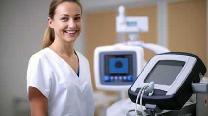 Female diagnostic medical sonographer with sonography machine in a medical room