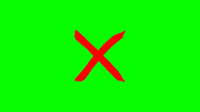 Animation in motion graphics of red cross mark symbol. Cross sign symbolizing wrong or false in animated motion Graphics, with black and green screen background.