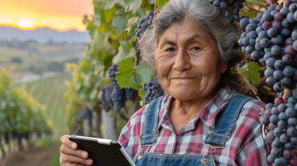 Hispanic senior woman working in vineyard harvest learning modern technology tablet computer examining grape quality, orchard business farmer entrepreneur female 50s elderly businesswoman lifestyle