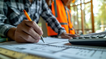 Close-up of a civil engineer calculating the carbon footprint of a new green construction project, sustainability reports in the background