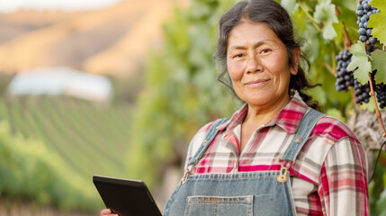Hispanic senior woman working in vineyard harvest learning modern technology tablet computer...