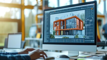 Close-up of a computer screen displaying a 3D architectural rendering, zooming in on design details