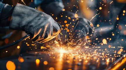 Close-up of a welder's hands joining metal parts, bright welding sparks flying