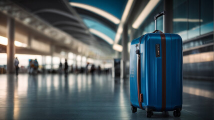 Travel luggage blue suitcase in terminal empty departures, travel concept, holidays concept
space for text - obrazy, fototapety, plakaty