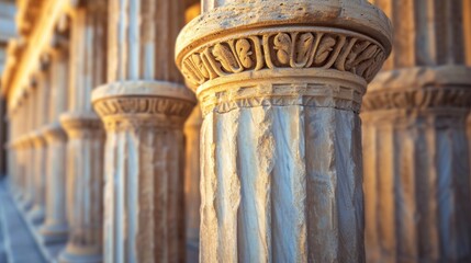 Close-up of the weathered columns of a Greek temple, with a focus on the structural engineering principles of antiquity - obrazy, fototapety, plakaty