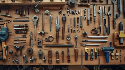 Detailed view of a collection of high-precision mechanical tools laid out on a workbench